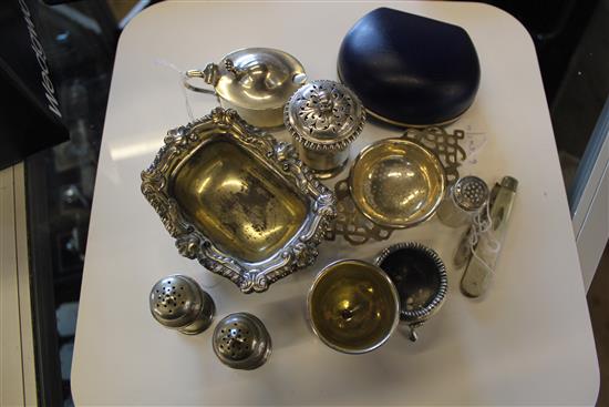 Georgian silver salt, Sheffield, 1813, silver napkin ring, tea strainer, Geo & later condiments, penknife etc (11)